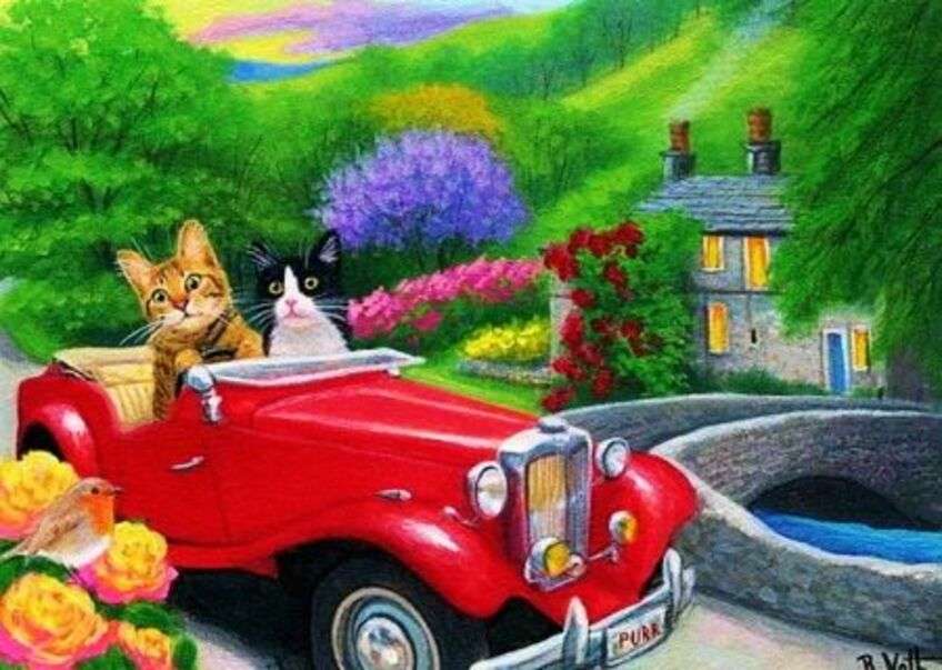 Kocięta jadą na przejażdżkę uroczym samochodem puzzle online