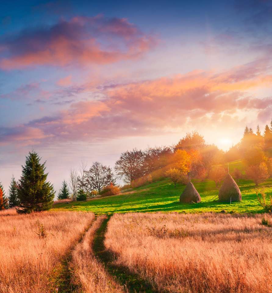 Kolorowy jesienny krajobraz ze starą wiejską drogą puzzle online