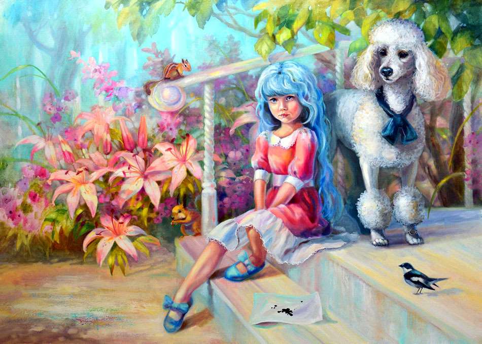 niebieskie włosy dziewczyna ze szczeniakiem puzzle online