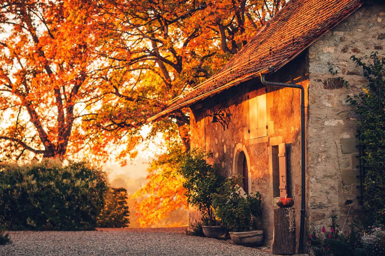 Jesienny zachód słońca, magiczne złote światło nad starym małym przytulnym domem puzzle online