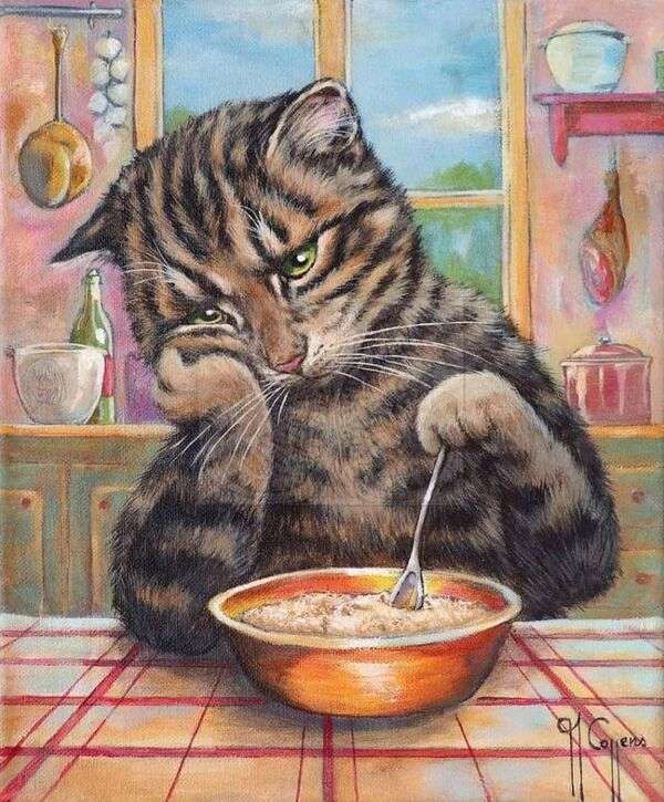 Znudzony kotek nie chce swojej zupy puzzle online