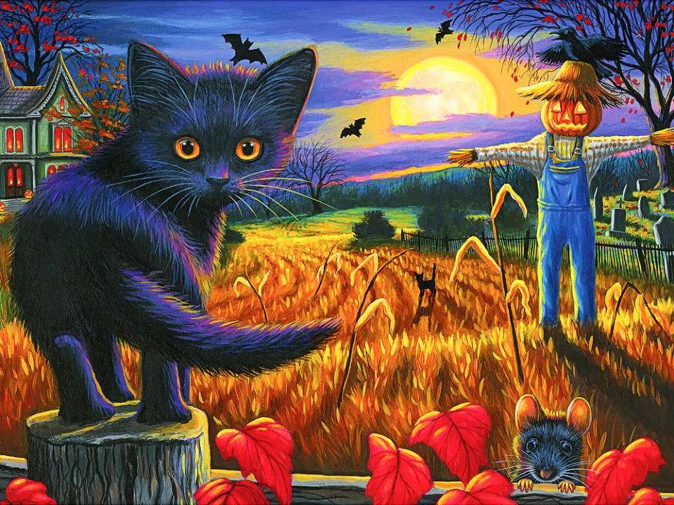 czarny kotek ze strachem na wróble puzzle online