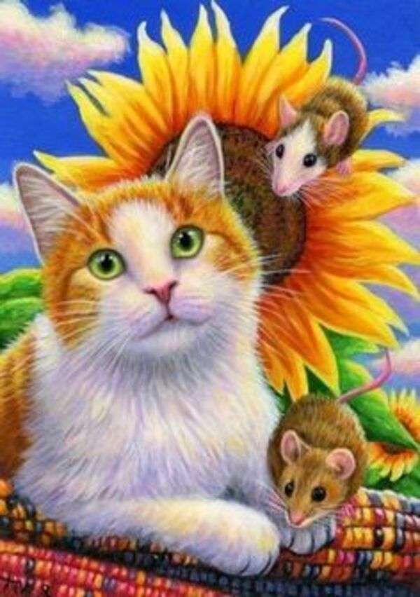 Kotek z dwiema myszkami obok słonecznika puzzle online