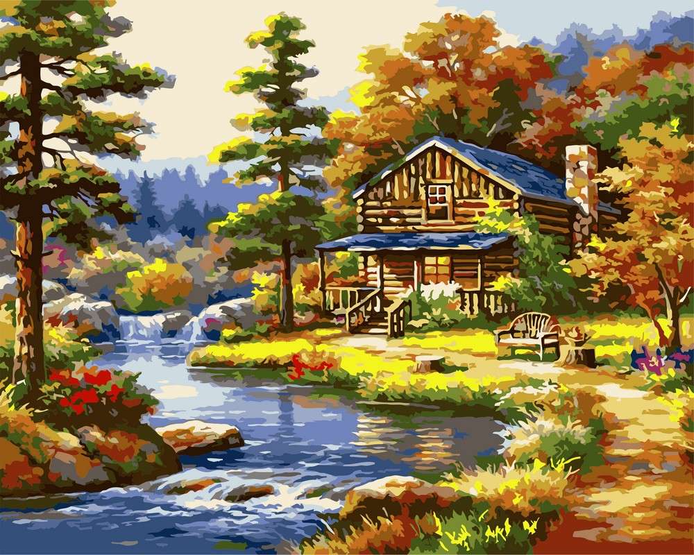 Rzeka, dom- obraz malowany puzzle online