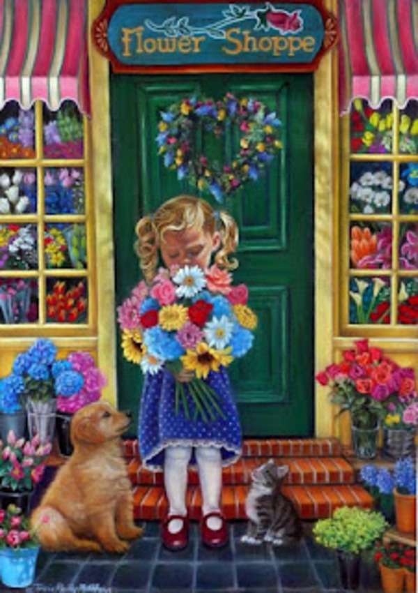 Dziewczyna kupuje kwiaty w kwiaciarni puzzle online