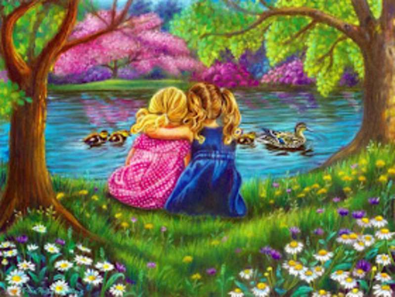 Małe dziewczynki przytulają się i patrzą na kaczątko puzzle online