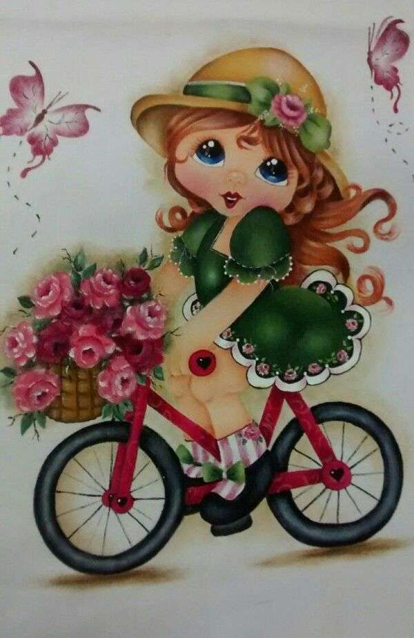 Dziewczyna malująca zieloną sukienkę i róże na rowerze puzzle online
