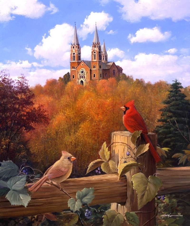 krajobraz zamku z małymi ptaszkami puzzle online