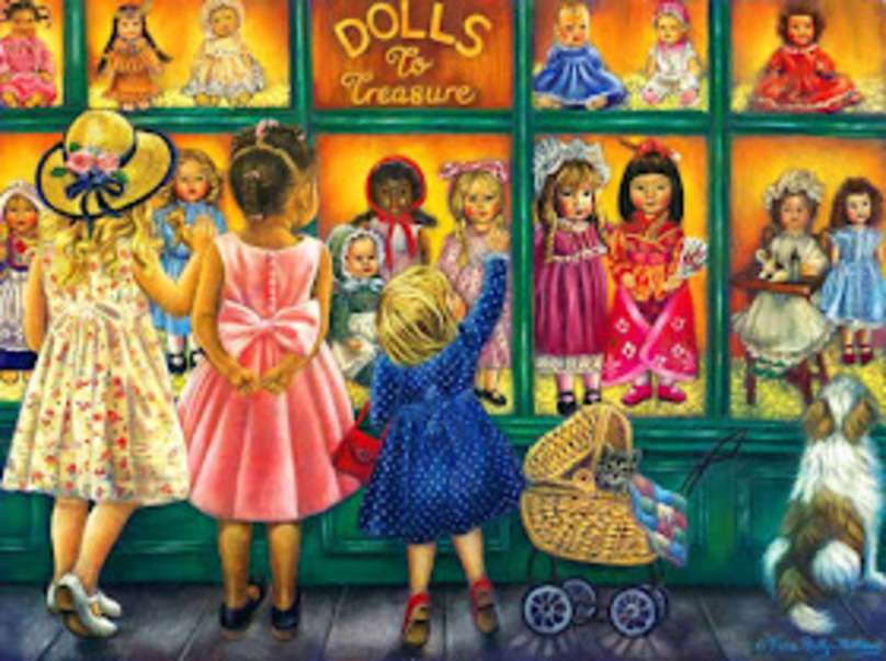 Dziewczyny patrzące na witrynę sklepu z lalkami puzzle online