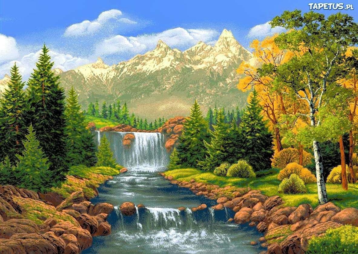 Wodospad w górach jesienią puzzle online