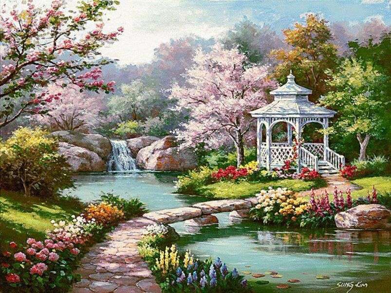 Piękny ogród z fontanną puzzle online