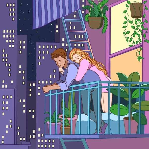 Para ślubna wygląda na balkon #10 puzzle online