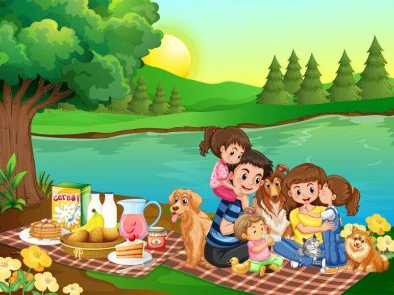 Rodzina i zwierzęta piknikujące nad jeziorem puzzle online
