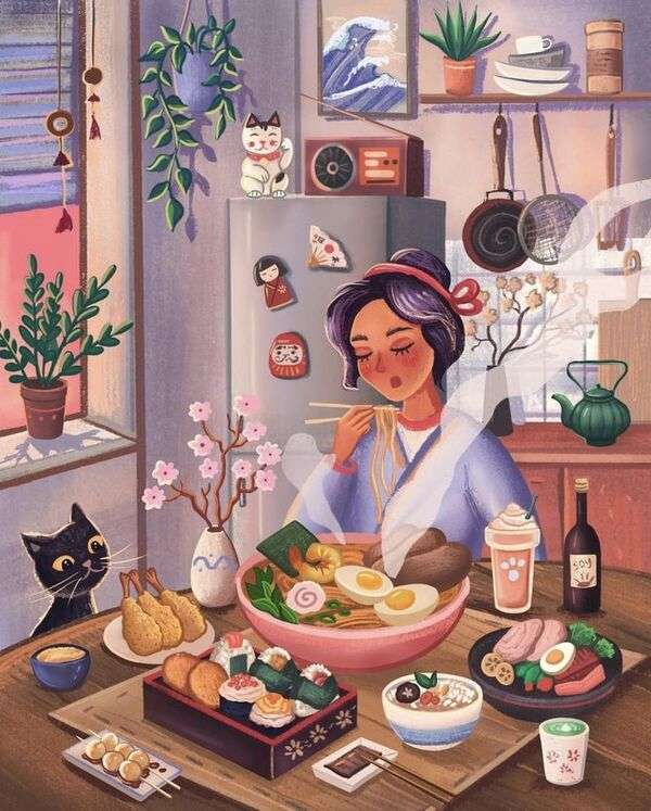Pani i jej kociak jedzą obiad puzzle online