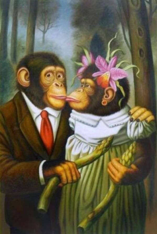 Zakochane małpki całują się nawzajem puzzle online