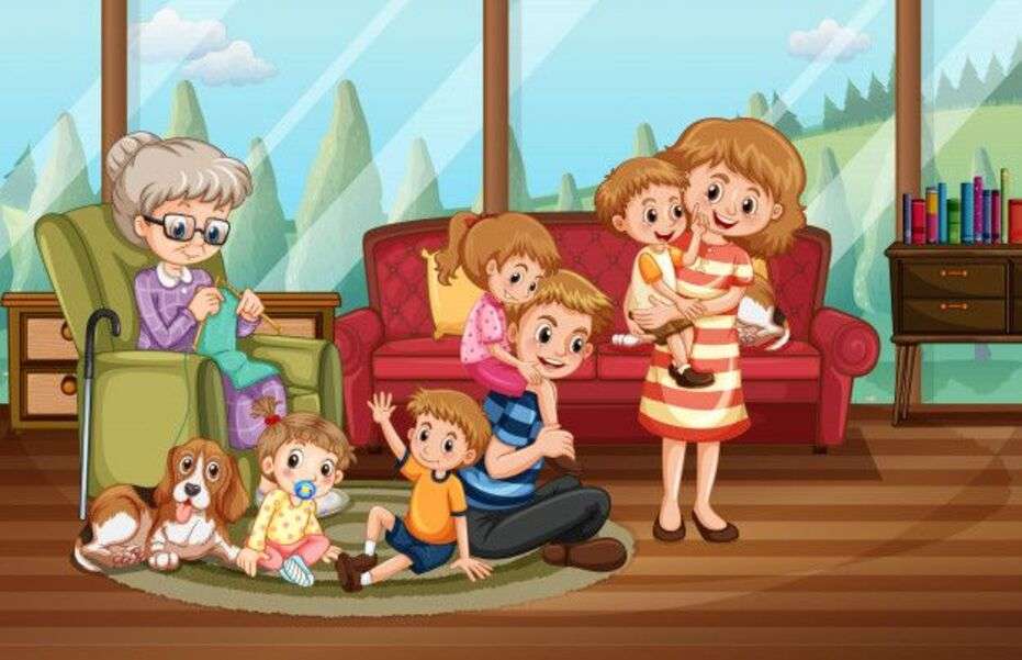 Szczęśliwa babcia i mama w domu z dziećmi puzzle online