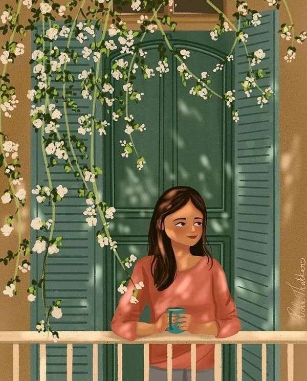 Dziewczyna pije kawę na balkonie puzzle online