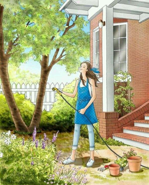 Dziewczyna podlewa swój ogród puzzle online