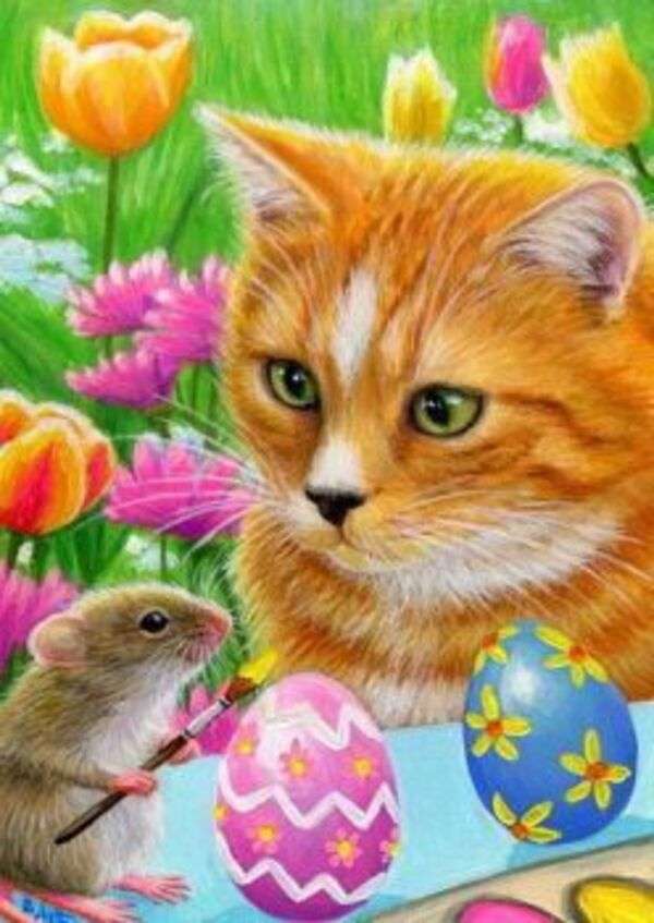 Kotek patrzy na malowane jajka myszy puzzle online