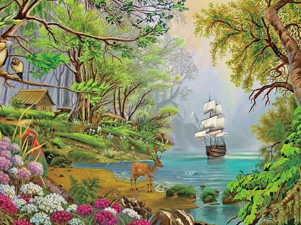 krajobraz z łodzią puzzle online