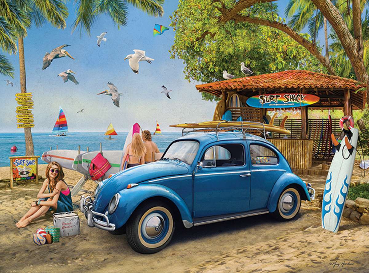 niebieski samochód na plaży puzzle online