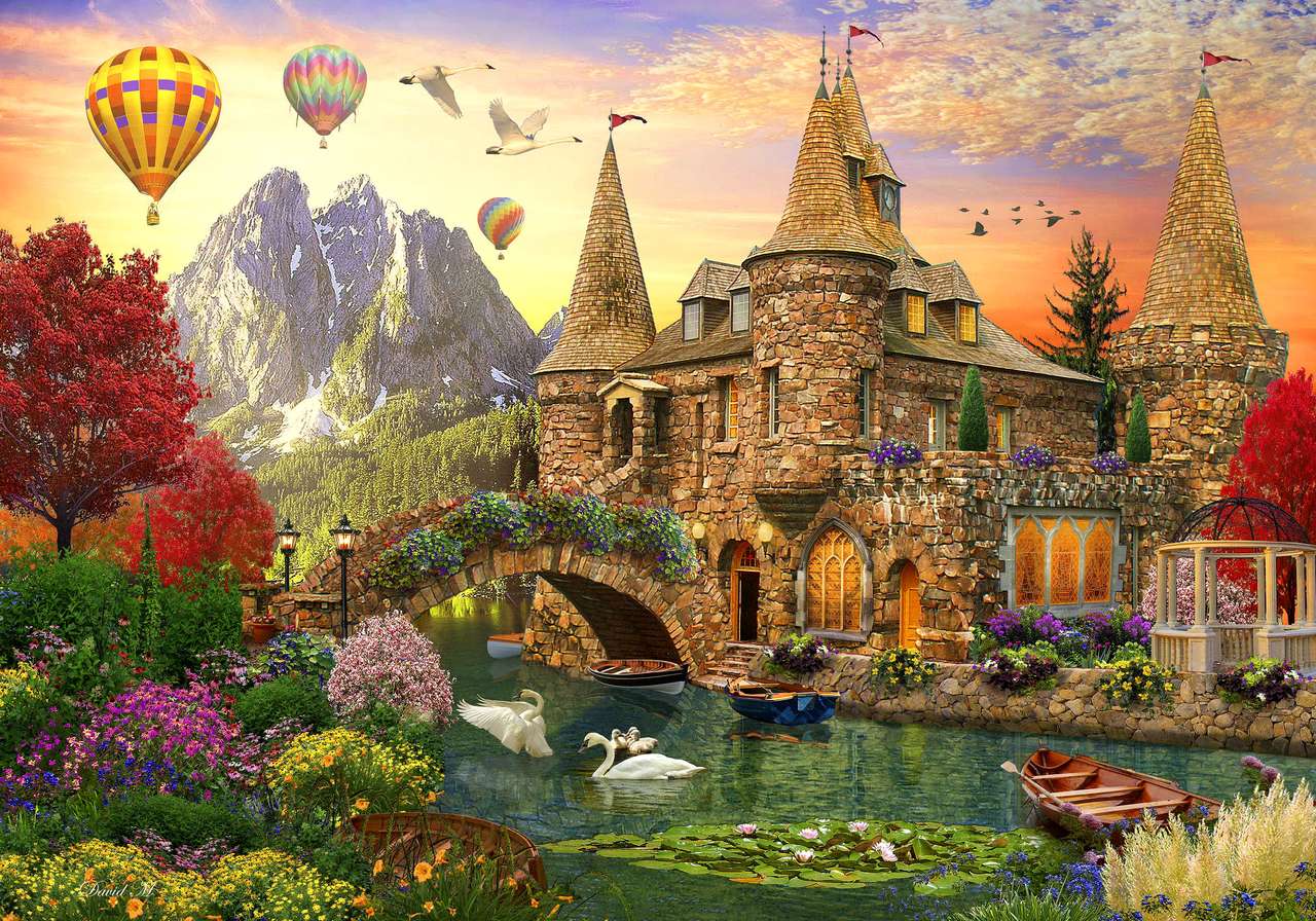 krajobraz zamku z balonami puzzle online