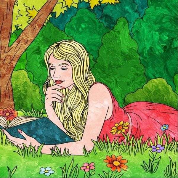 Blondynka czytająca w lesie puzzle online