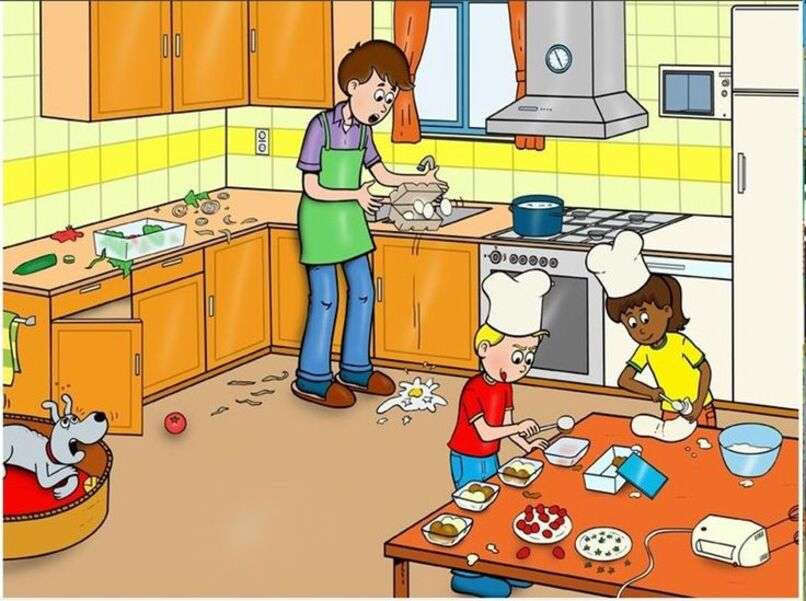 Ojciec i dzieci w kuchni puzzle online