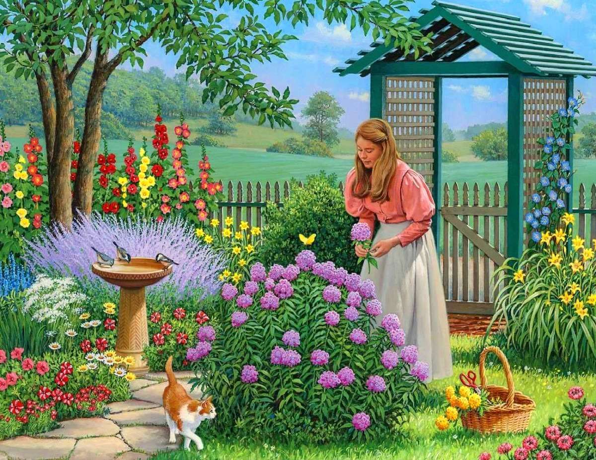 dziewczyna z kotem w ogrodzie puzzle online
