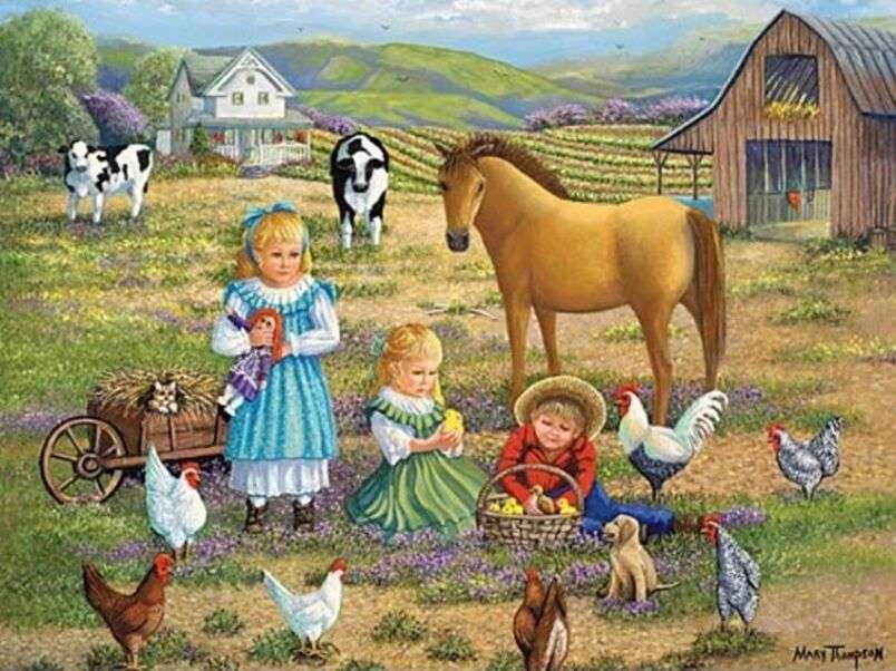 Dzieci na farmie z małymi zwierzętami puzzle online