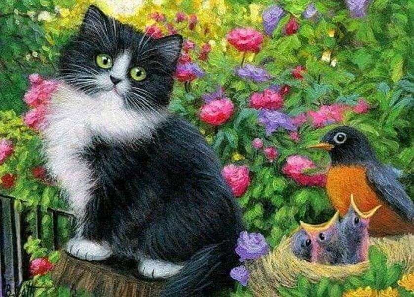 Kitten in the company of little birds puzzle