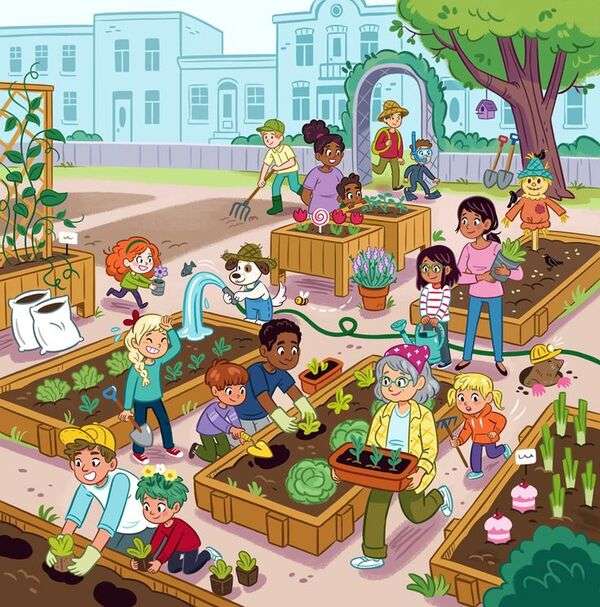 Dzieci sadzą warzywa i rośliny puzzle online