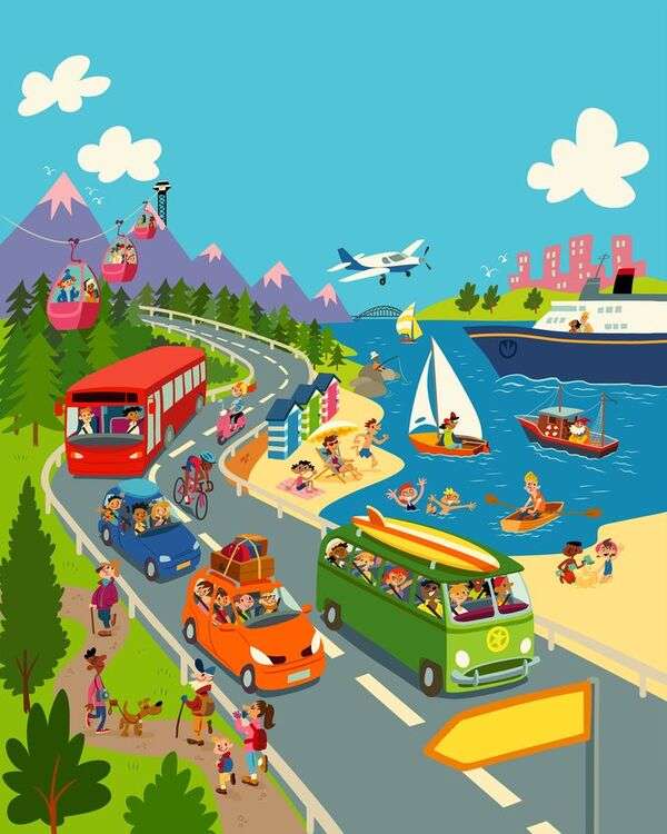 Ludzie przyjeżdżają na wakacje na plażę puzzle online