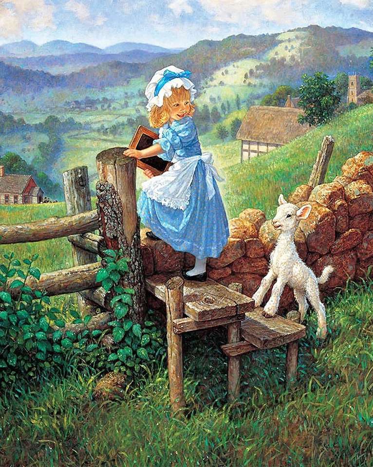 dziewczyna z małą owieczką na polu puzzle online