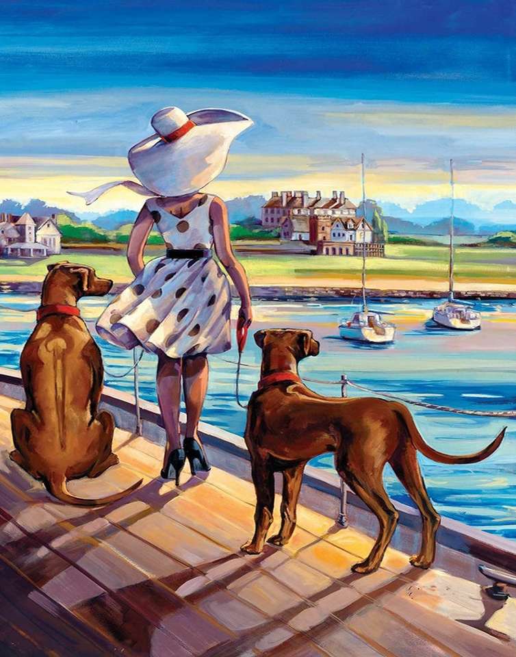 kobieta spacerująca z psami po plaży puzzle online