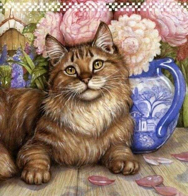 Piękny futrzany kotek w pobliżu wazonu puzzle online