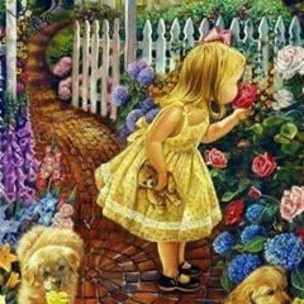 Mała dziewczynka pachnie zapachem kwiatów puzzle online