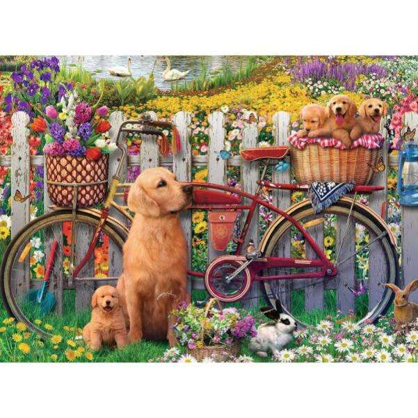 Psy obok roweru z kwiatami #1 puzzle online