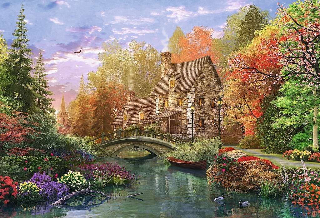 Dom przy rzece z mostkiem puzzle online