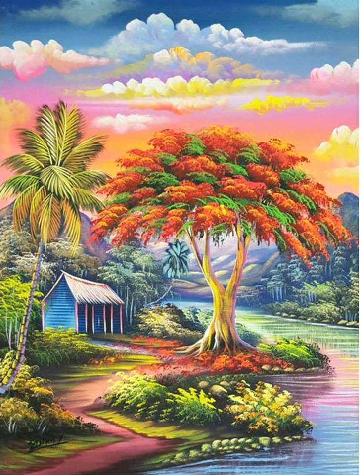 kolorowe drzewo obok chaty puzzle online