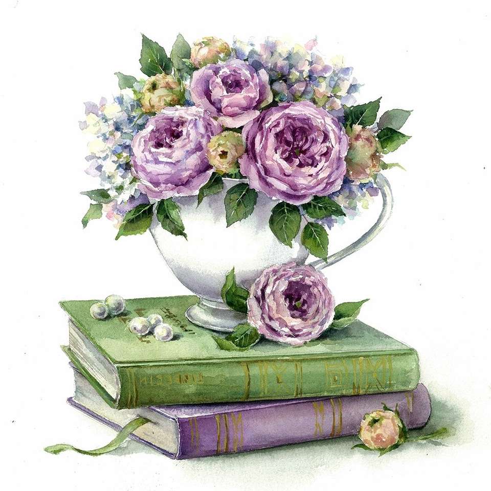 Bukiet fioletowych jaskierów na książkach puzzle online