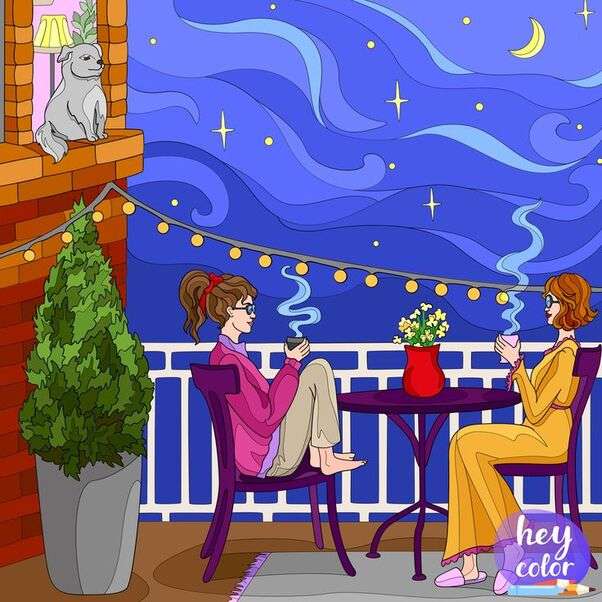 Dziewczyny piją kawę na balkonie puzzle online
