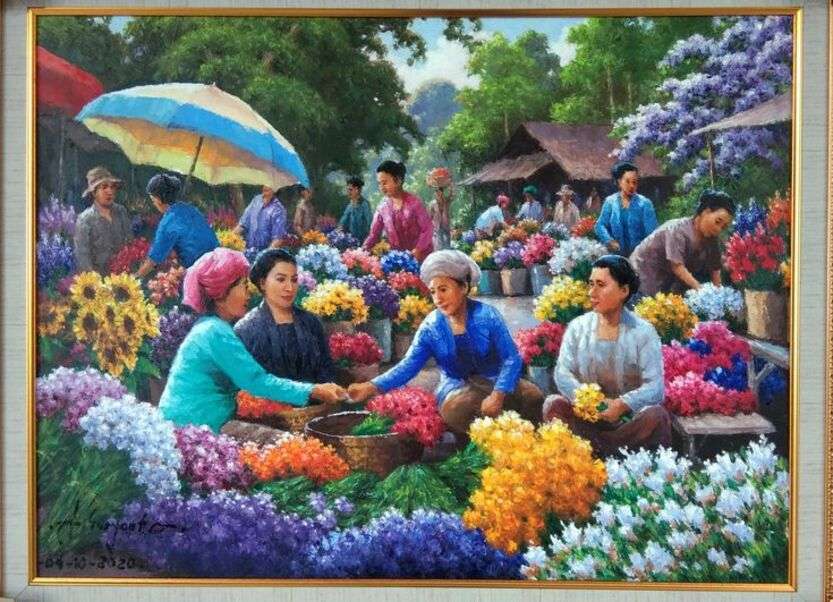 Osoby kupujące kwiaty na targach puzzle online