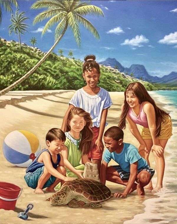 Dzieci głaszczą żółwia na plaży puzzle online