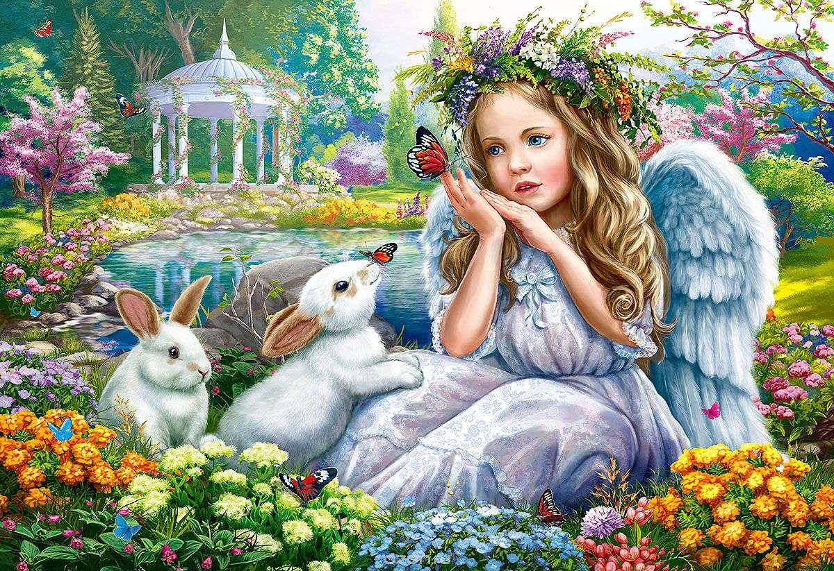 mały aniołek i króliki w ogrodzie puzzle online