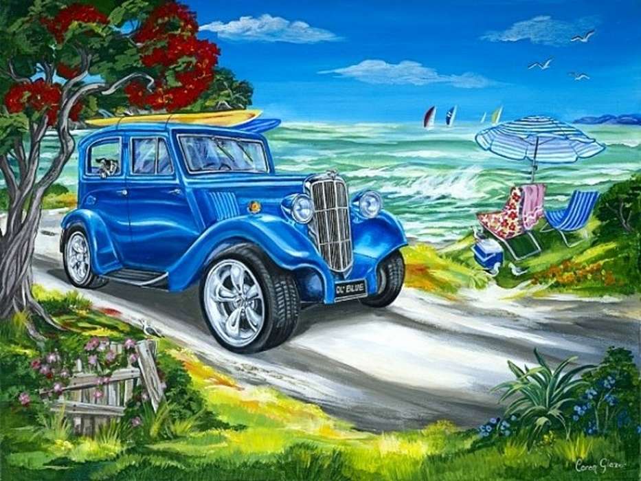 niebieski samochód w pobliżu plaży? puzzle online
