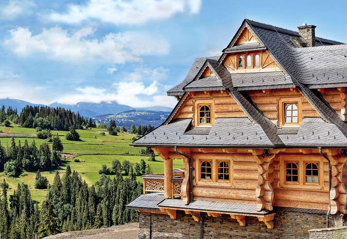 Widok gór, drewniany dom puzzle online
