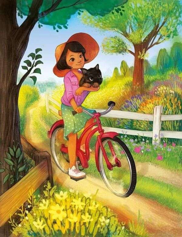 Mała dziewczynka na rowerze ze swoim kociakiem puzzle online