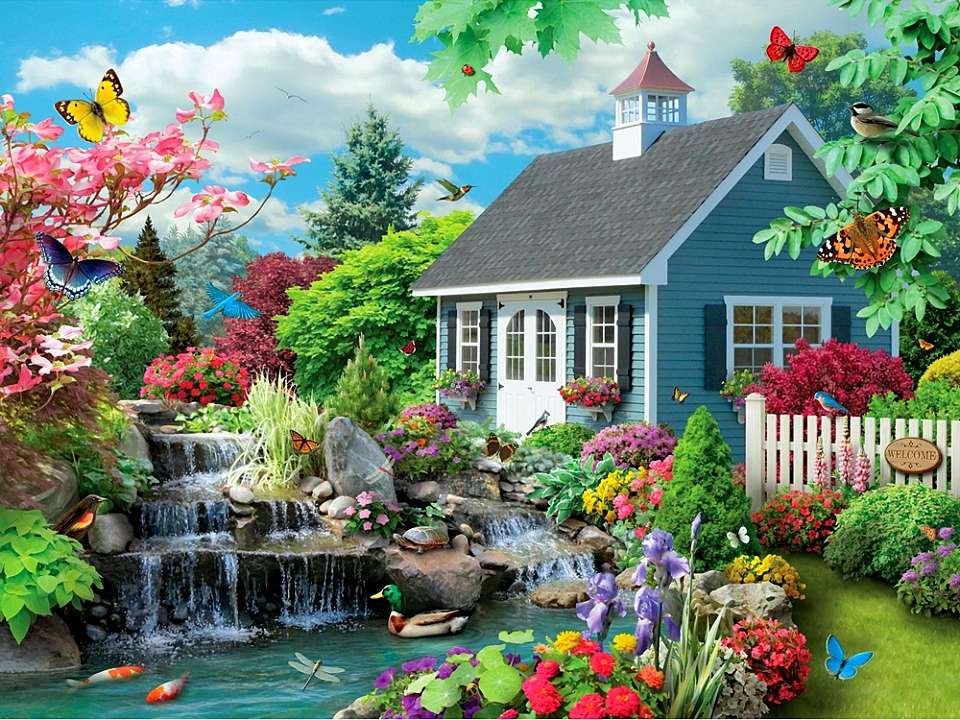 dom z wodospadem w ogrodzie puzzle online