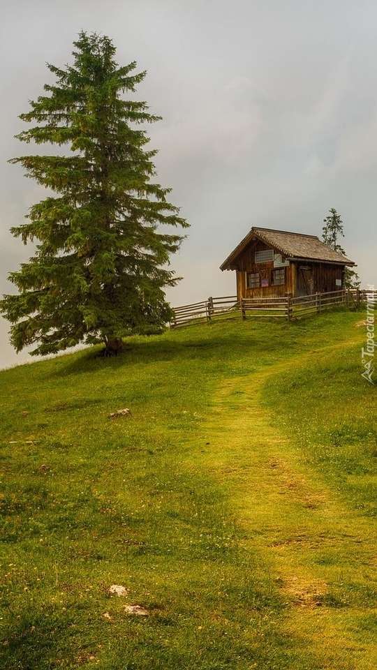 Drewniany domek na wzgórzu puzzle online